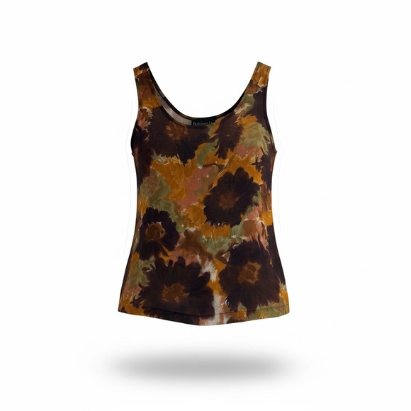 Buttoned Up Tops - Vintage Buttoned Up Abstract Floral Rayon Tank Top L Brown Orange
